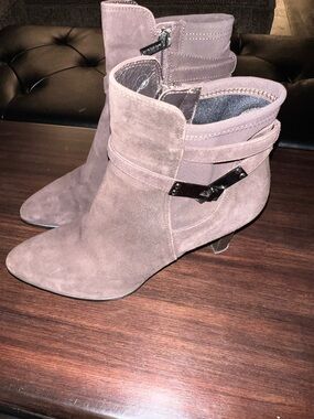 Aquatalia Taupe Suede Pointed Toe Ankle Boots with Strap Accent